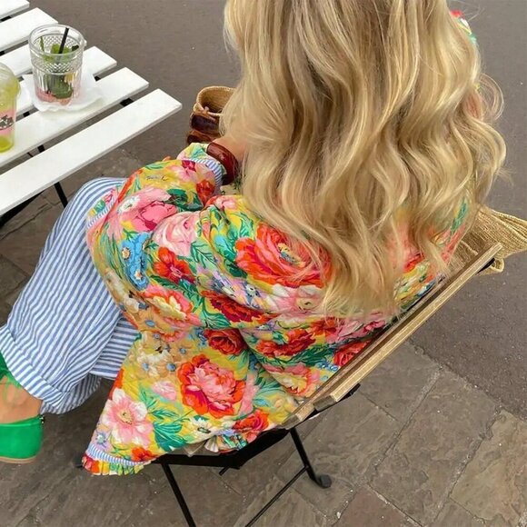 Multicolor Casual Women's Floral Puffer Quilted Jacket Vintage Flower Print Butt - Picture 3 of 4